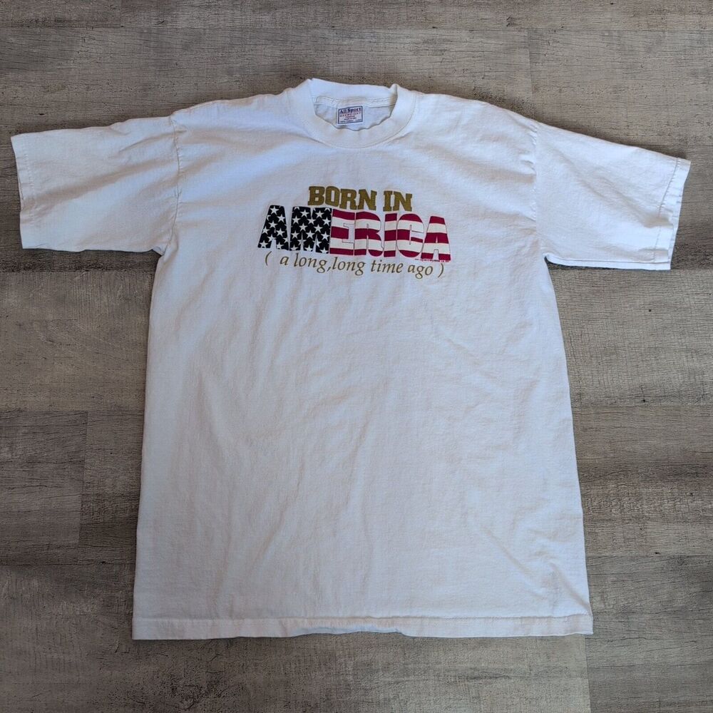 VINTAGE Made in USA Born In America Graphic T Shirt Adult Sz Large L Flag Tee